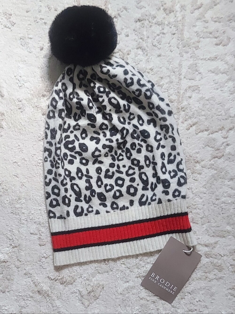 Brodie Fine Cashmere Leopard Print Stripe Hat NWT